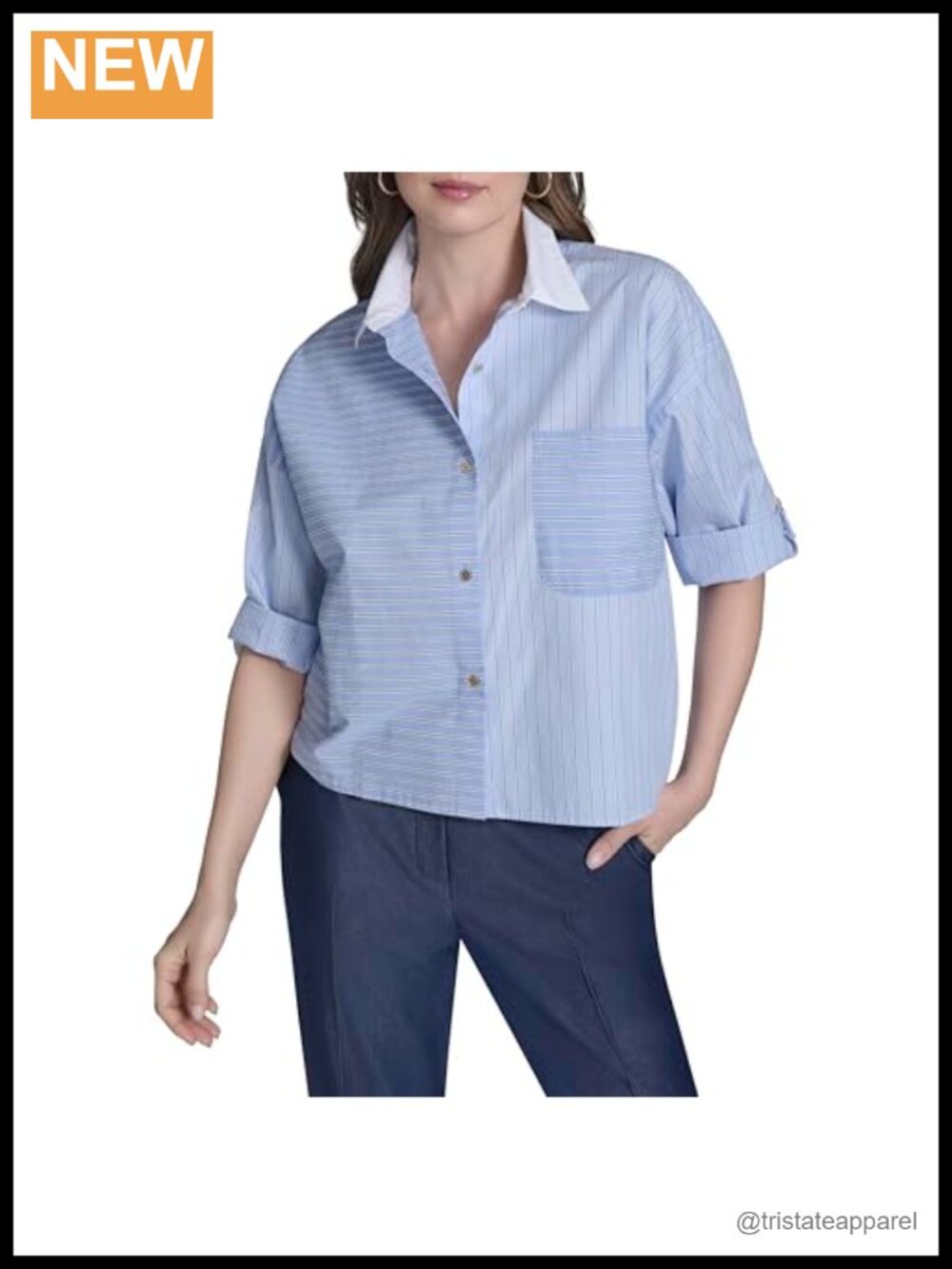 Women's Long Sleeve Cotton Poplin Button Front Contrast Collar Blouse